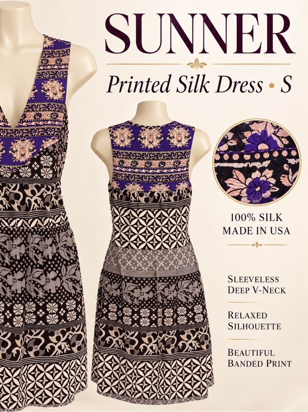 SUNNER 100% Silk Printed Mini Dress S | Deep V • Made in USA
